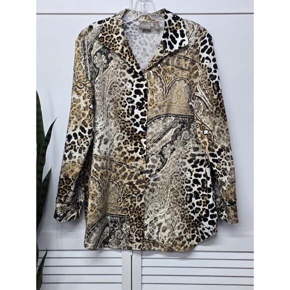 Chico’s Effortless Andie Animal-Print Shirt Button Front Cotton Long Sleeve Medi - Picture 2 of 7